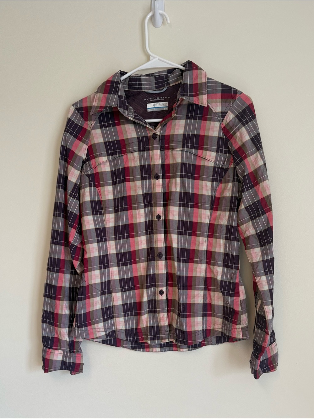 Columbia Plaid Button-Down Shirt - Pink, Black & Cream